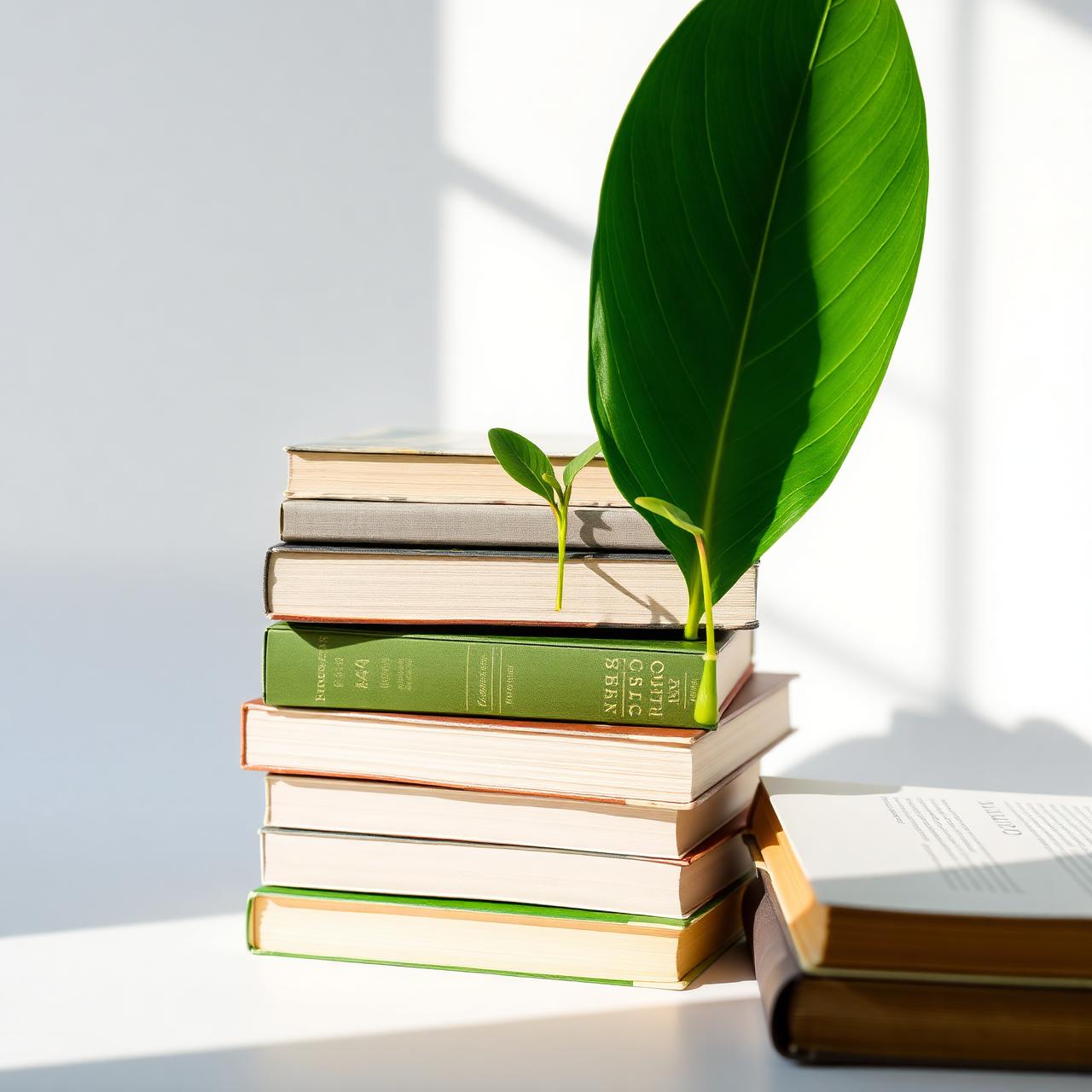 Stack of books with sprouting leaves